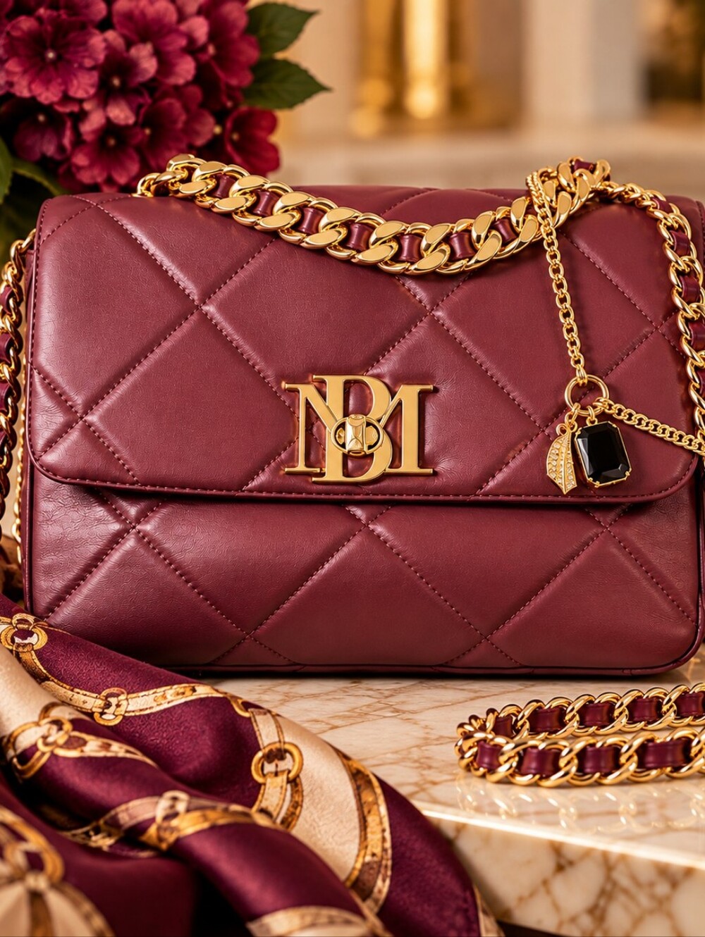 Badgley Mischka BM-4176 Plum Big Chain Crossbody Handbag NWT